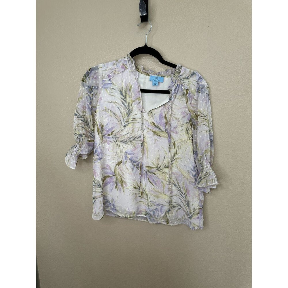 Cece womens‎ White Purple Blouse S 3/4 sleeve textured polyester v-neck sheer